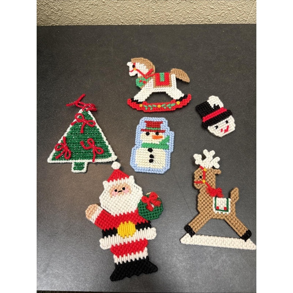 6 Handmade Plastic Canvas Needlepoint Christmas magnets, Snowman, Tree, Reindeer